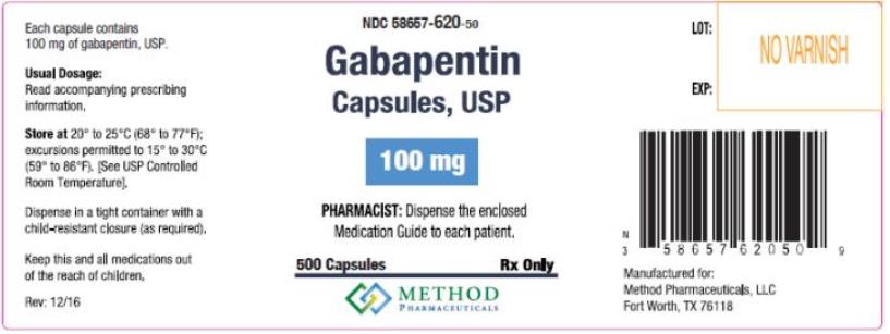 PRINCIPAL DISPLAY PANEL
NDC 58657-620-50
Gabapentin
Capsules, USP
100 mg
500 Capsules 
Rx Only

