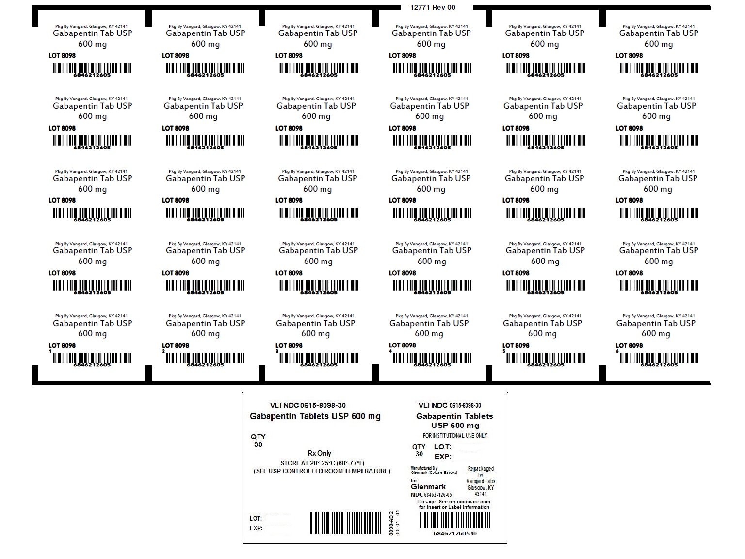 Gabapentin 600mg Tabs unit dose label