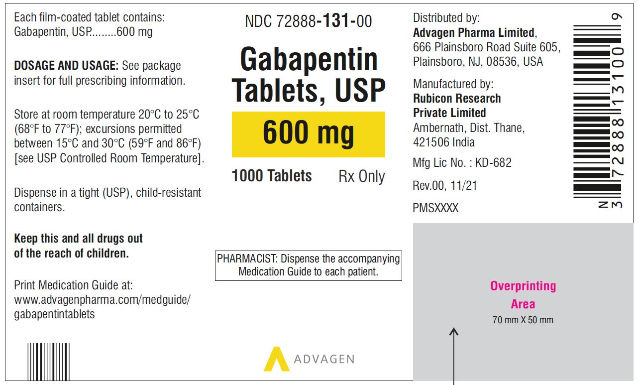 Gabapentin Tablets 600 mg - NDC 72888-131-00 - 1000 Tablets Label