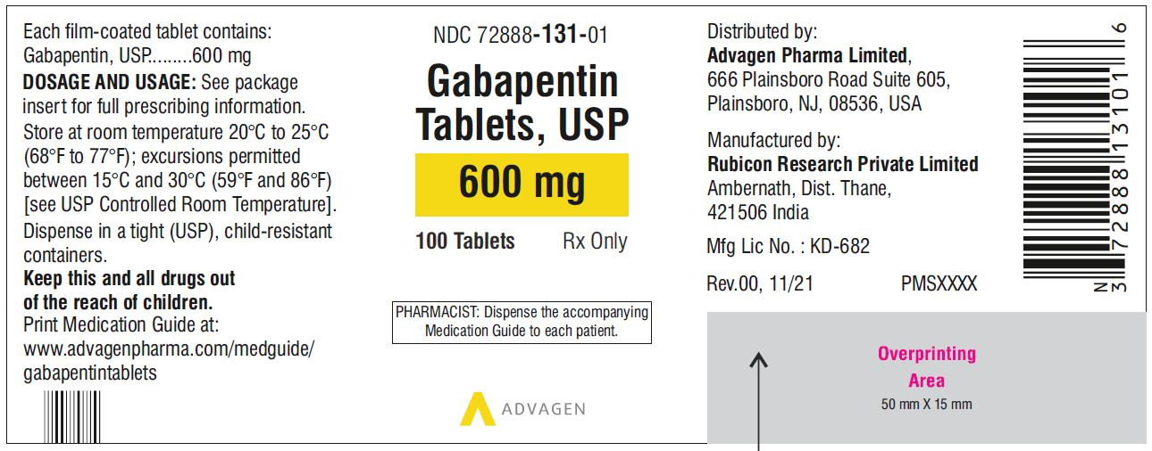 Gabapentin Tablets 600 mg - NDC 72888-131-01 - 100 Tablets Label