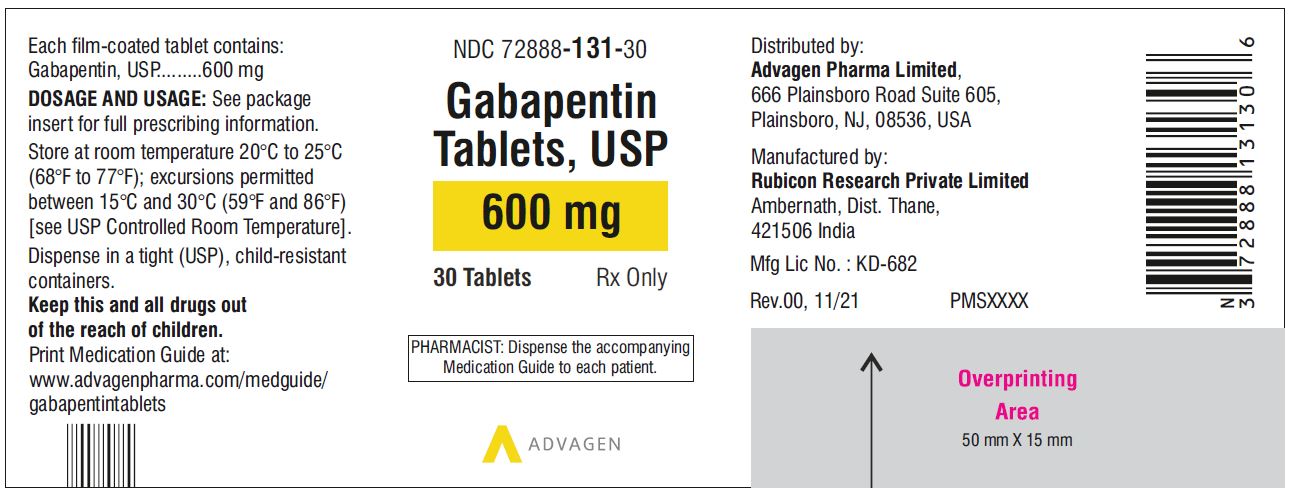 Gabapentin Tablets 600 mg - NDC 72888-131-30 - 30 Tablets Label