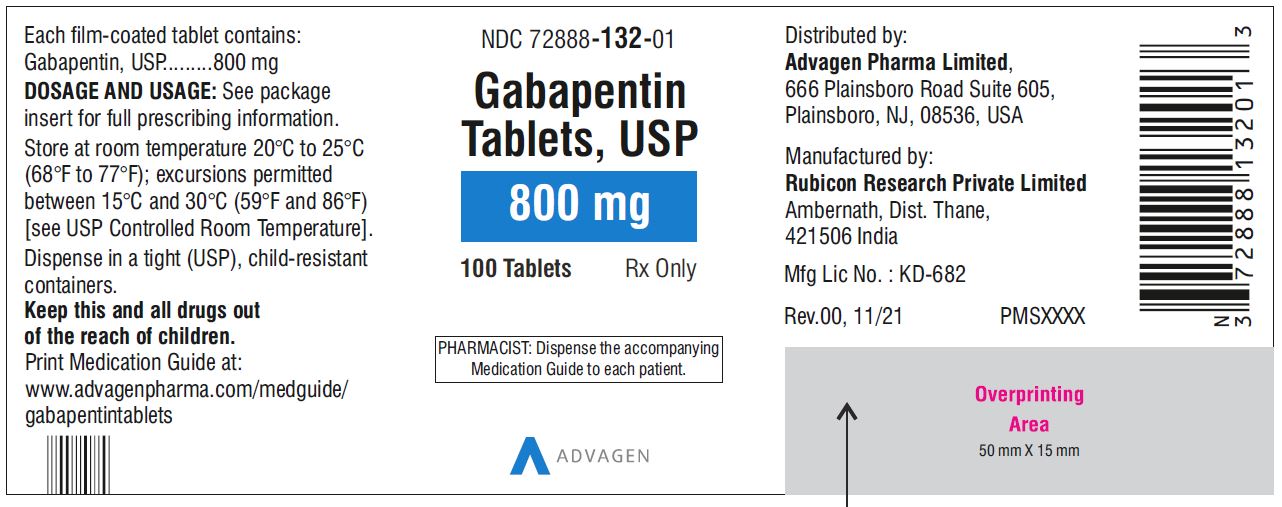 Gabapentin Tablets 800 mg - NDC 72888-132-30 - 30 Tablets Label