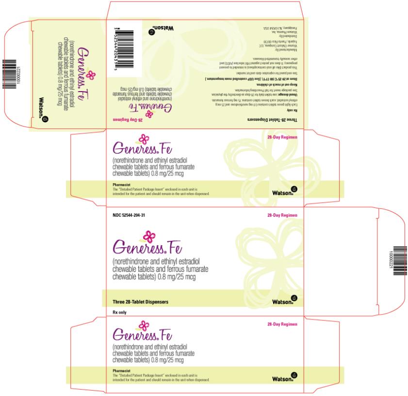PRINCIPAL DISPLAY PANEL
Generess® Fe 
(norethindrone and ethinyl estradiol chewable tablets 
and ferrous fumarate chewable tablets) 0.8 mg/25 mcg
NDC 52544-204-31
Three 28-Tablet Dispensers
Rx Only
