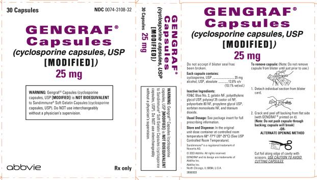 NDC 0074–3108–32 
30 Capsules 
GENGRAF®
Capsules 
(cyclosporine capsules, USP 
[MODIFIED]) 
25 mg 
WARNING: Gengraf®Capsules (cyclosporine capsules, USP [MODIFIED]) is NOT BIOEQUIVALENT to Sandimmune® Soft Gelatin Capsules (cyclosporine capsules, USP). Do NOT use interchangeably without a physician’s supervision. 
abbvie Rx only 
