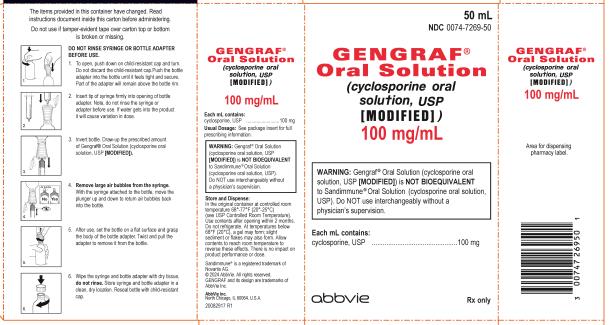 NDC 0074-7269-50 
50 mL 
GENGRAF® Oral Solution (cyclosporine oral solution, USP [MODIFIED]) 
100 mg/mL 
WARNING: Gengraf® Oral Solution (cyclosporine oral solution, USP [MODIFIED]) is NOT BIOEQUIVALENT to Sandimmune® Oral Solution (cyclosporine oral solution, USP). Do NOT use interchangeably without a physician’s supervision. 
Each mL contains:
cyclosporine, USP....................100 mg 
abbvie 
Rx only 
