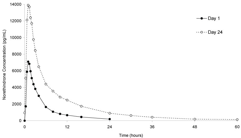 Figure 1. Mean Plasma Norethindrone Concentration-Time Profiles Following Single- and Multiple-Dose Oral Administration of Norethindrone Acetate and Ethinyl Estradiol Tablets to Healthy Female Volunteers Under Fasting Condition (n = 17)