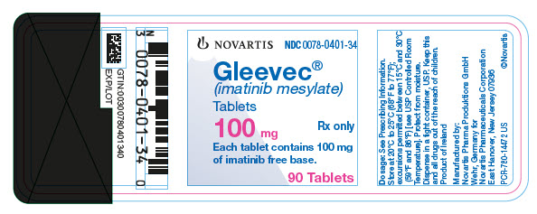 NOVARTIS
								NDC 0078-0401-34
								Gleevec®
								(imatinib mesylate)
								Tablets
								100 mg
								Rx only
								Each tablet contains 100 mg of imatinib free base.
								90 Tablets
							