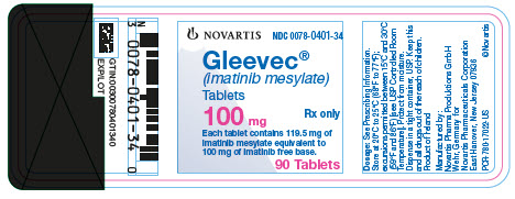 NOVARTIS
								NDC 0078-0401-34
								Gleevec®
								(imatinib mesylate)
								Tablets
								100 mg
								Rx only
								Each tablet contains 119.5 mg of imatinib mesylate equivalent to 100 mg of imatinib free base.
								90 Tablets
							