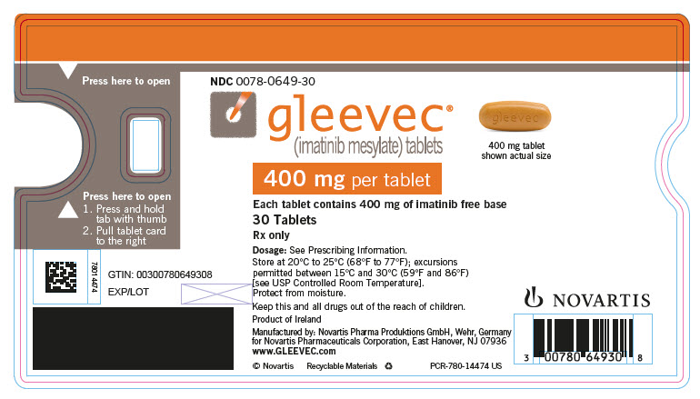 NDC 0078-0649-30gleevec®
								(imatinib mesylate) tablets
								400 mg per tablet
								Each tablet contains 400 mg of imatinib free base
								30 Tablets
								Rx only
								NOVARTIS
							