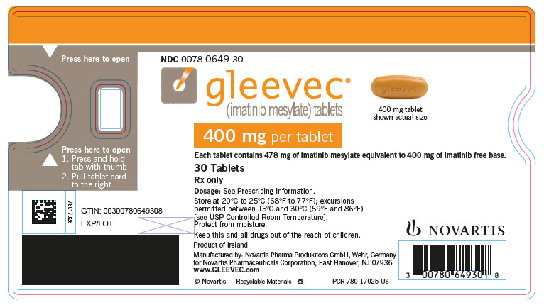 NDC 0078-0649-30gleevec®
								(imatinib mesylate) tablets
								400 mg per tablet
								Each tablet contains 478 mg of imatinib mesylate equivalent to 400 mg of imatinib free base.
								30 Tablets
								Rx only
								NOVARTIS
							