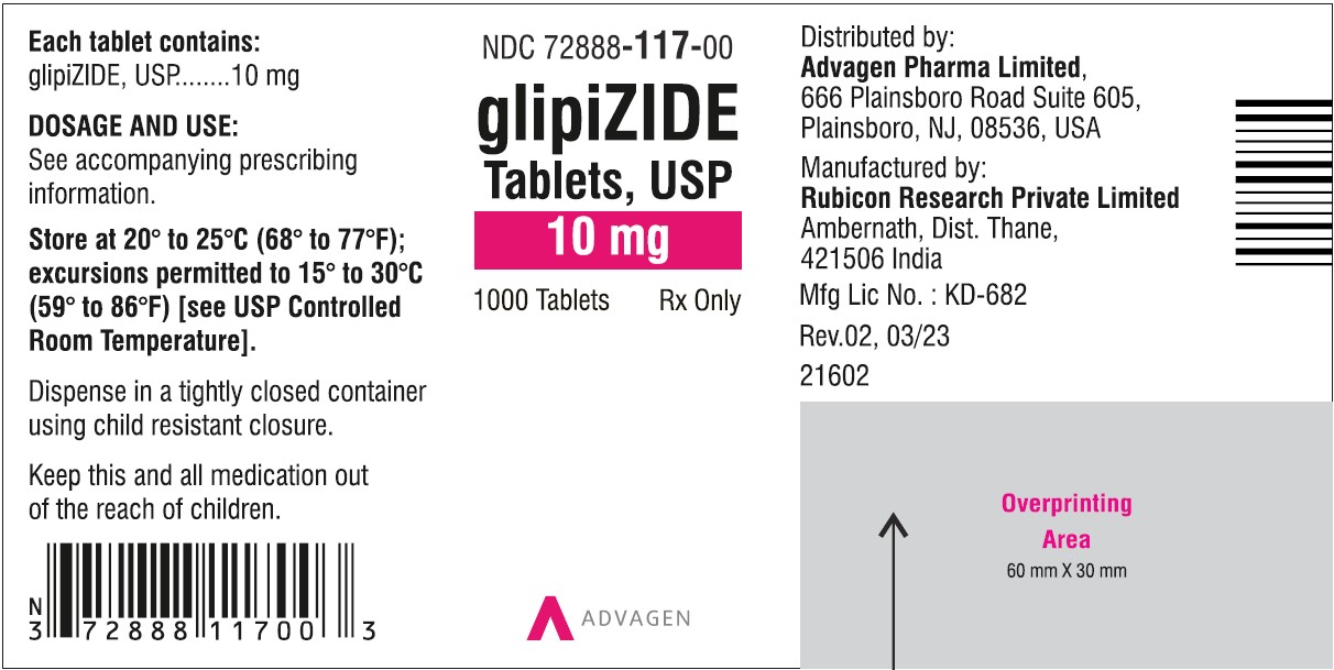 Glipizide Tablets 10mg 72888-117-00 - 1000 Tablets Label