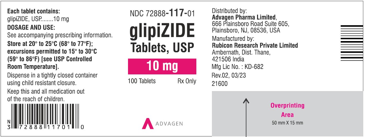 Glipizide Tablets 10mg NDC 72888-117-01 - 100 Tablets Label