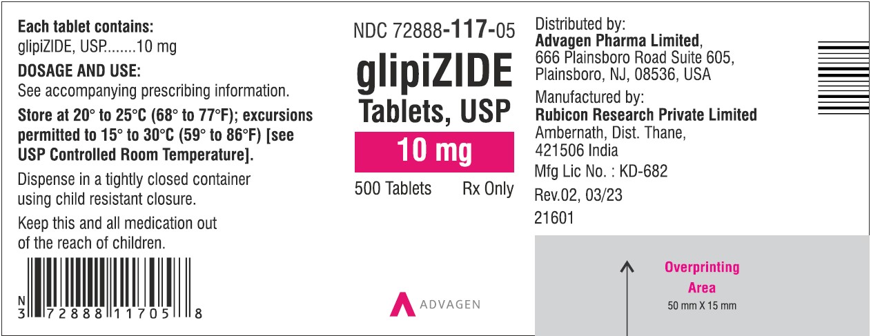 Glipizide Tablets 10mg 72888-117-05 - 500 Tablets Label