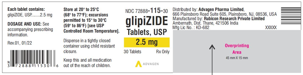 Glipizide Tablets 2.5mg - NDC 72888-115-30 - 30 Tablets Label