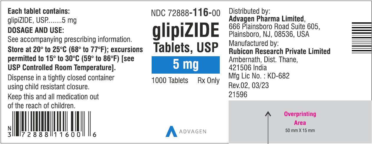 Glipizide Tablets 5mg NDC 72888-116-00 - 1000 Tablets Label