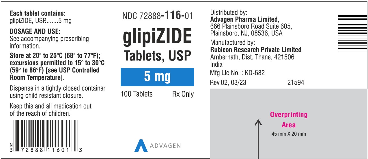 Glipizide Tablets 5mg NDC 72888-116-01 - 100 Tablets Label