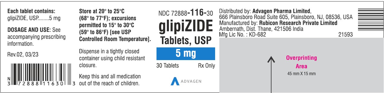Glipizide Tablets 5mg - NDC 72888-116-30 - 30 Tablets Label