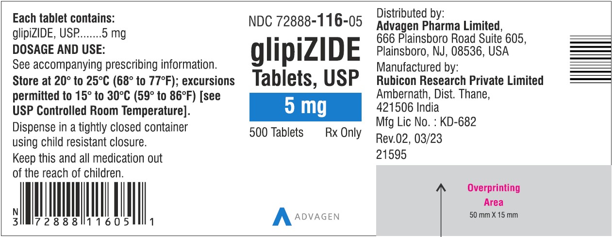 Glipizide Tablets 5mg NDC 72888-116-05 - 500 Tablets Label