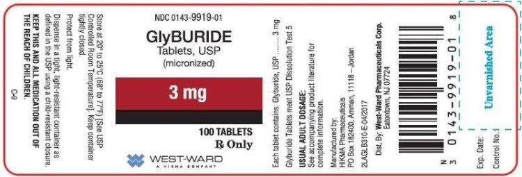 NDC 0143-9919-01 GlyBURIDE Tablets, USP (micronized) 3 mg 100 TABLETS Rx Only