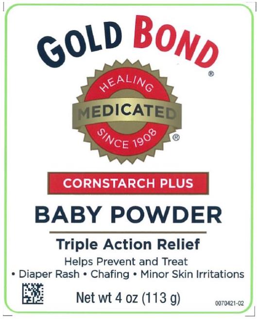PRINCIPAL DISPLAY PANEL
Cornstarch Plus Gold Bond® Baby Powder
Triple Action Relief
Helps prevent & Treat Diaper Rash Chafing Minor Skin Irritations
Net wt 4 oz (113 g) 

