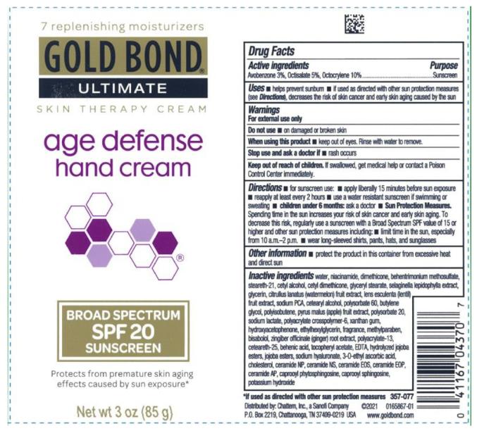 PRINCIPAL DISPLAY PANEL
Gold Bond
Ultimate
age defense
hand cream
SPF 20
Net wt 3 oz (85 g)
