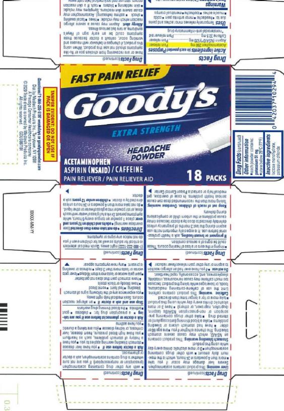 Goody’s 
EXTRA STRENGTH
HEADACH POWDER
ACETAMINOPHEN
ASPIRIN (NSAID) / CAFFEINE
PAIN RELIEVER/PAIN RELIEVER AID
18 PACKS

