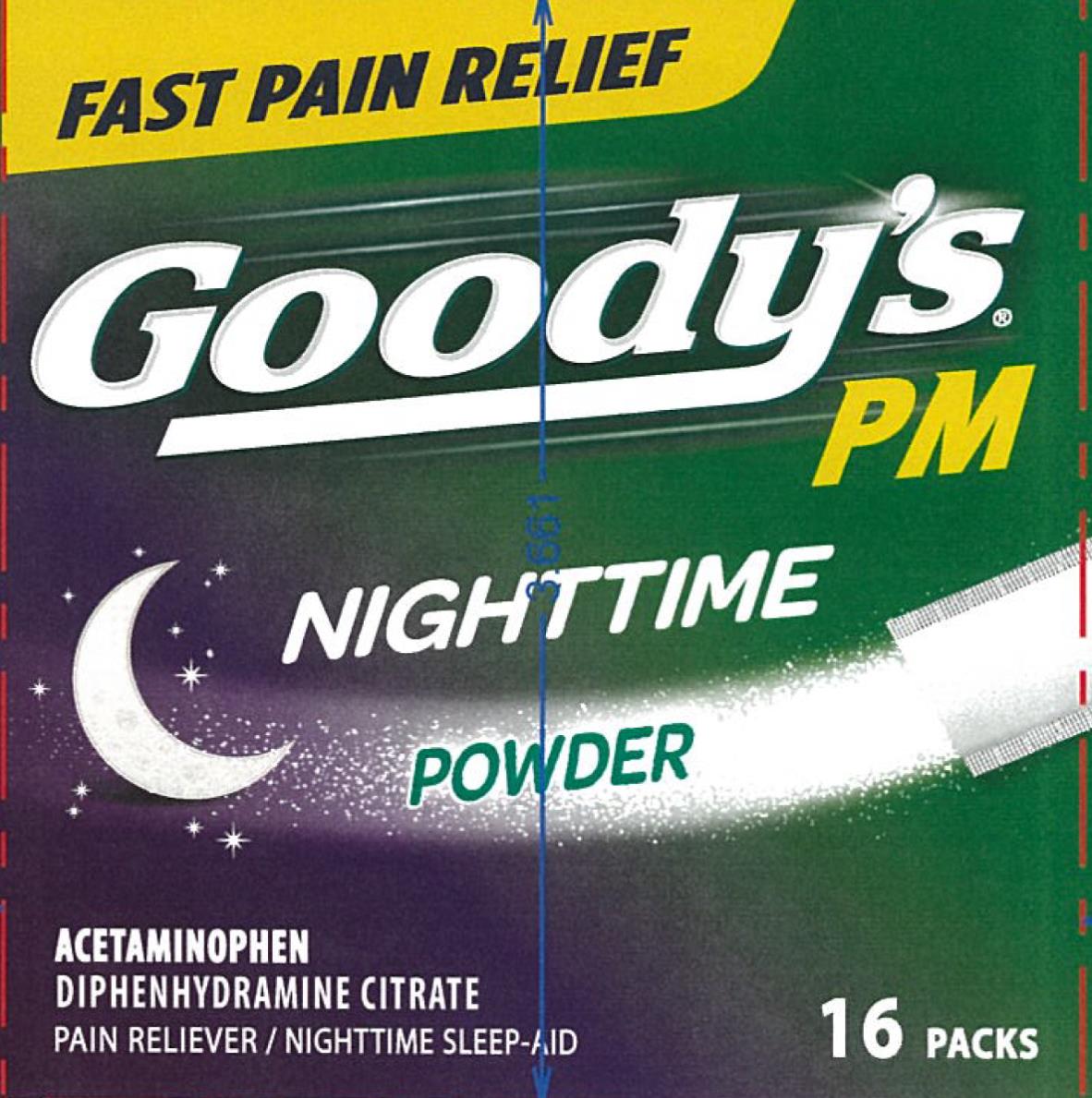 Principal Display Panel
Goody’s PM
Acetaminophen • Diphenhydramine Citrate
Pain Reliever/ Nighttime sleep-aid
FOR PAIN WITH SLEEPLESSNESS
16 Powder Packs
