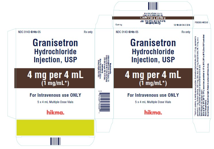 NDC 0143-9745-10 10 x 4 mL Multi-Use Vials Granisetron Hydrochloride Injection, USP 4 mg/4 mL (1 mg/mL*) For Intravenous Use Only Rx ONLY *Each mL contains, in sterile aqueous solution, Granisetron Hydrochloride, USP, 1.12 mg, equivalent to gransietron, 1 mg, Sodium Chloride, USP, 9 mg, Citric Acid, NF, 2 mg, Benzyl Alcohol, NF, 10 mg, as a preservative. pH adjusted with sodium hydroxide/ hydrochloric acid. USUAL DOSAGE: See package insert. Store at 20º to 25ºC (68º to 77ºF); excursions permitted to 15º to 30ºC (59º to 86ºF) [See USP Controlled Room Temperature]. Do not freeze. Protect from light. Retain in carton until time of use.