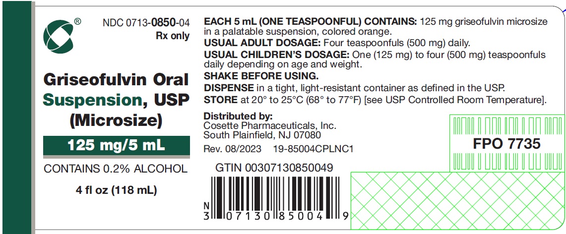 The label for 4 fl oz Griseofulvin Oral Suspension, USP (Microsize) 125 mg/5 mL