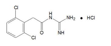 The following chemical structure of Guanfacine hydrochloride, USP is a white to off-white crystalline powder, sparingly soluble in water (approximately 1 mg/mL) and alcohol and slightly soluble in ace