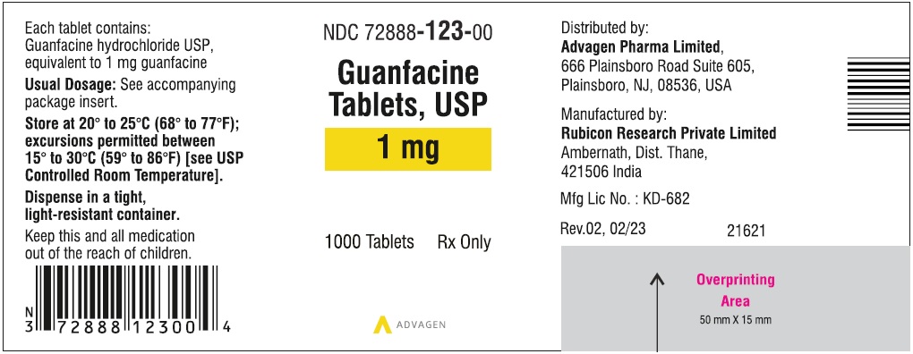 Guanfacine Tablets 1 mg - NDC 72888-123-00 - 1000 Tablets Label