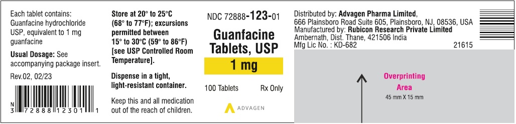 Guanfacine Tablets 1 mg - NDC 72888-123-01 - 100 Tablets Label