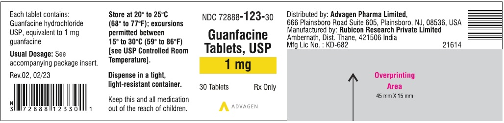 Guanfacine Tablets 1 mg - NDC 72888-123-30 - 30 Tablets Label
