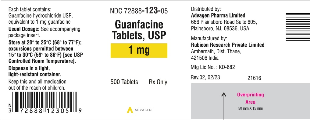 Guanfacine Tablets 1 mg - NDC 72888-123-05 - 500 Tablets Label