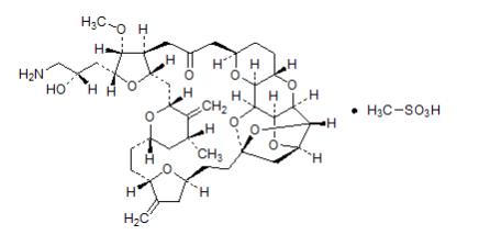 a product isolated from the marine sponge Halichondria okadai.  The chemical name for eribulin mesylate is 11,15:18,21:24,28-Triepoxy-7,9-ethano-12,15-methano-9H,15H-furo[3,2-i]furo[2',3':5,6]pyrano[4,3-b][1,4]dioxacyclopentacosin-5(4H)-one, 2-[(2S)-3-amino-2-hydroxypropyl]hexacosahydro-3-methoxy-26-methyl-20,27-bis(methylene)-, (2R,3R,3aS,7R,8aS,9S,10aR,11S,12R,13aR,13bS,15S,18S,21S,24S,26R,28R,29aS)-, methanesulfonate (salt).  It has a molecular weight of 826.0 (729.9 for free base).  The empirical formula is C40H59NO11•CH4O3S.  Eribulin mesylate has the following structural formula: 