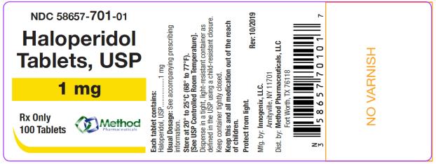 PRINCIPAL DISPLAY PANEL
NDC 58657-701-01
Haloperidol 
Tablets, USP
1 mg
Rx Only
100 Tablets

