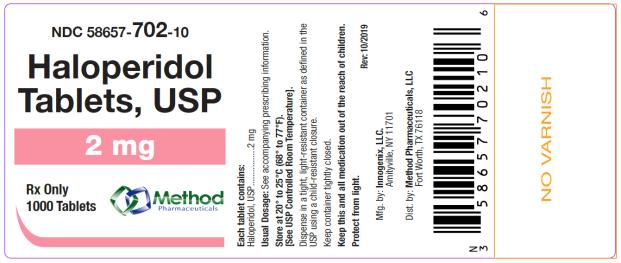 PRINCIPAL DISPLAY PANEL
NDC 58657-702-10
Haloperidol 
Tablets, USP
2 mg
Rx Only
1000 Tablets
