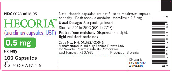 PRINCIPAL DISPLAY PANEL
Package Label – 0.5 mg
Rx Only		NDC 0078-0616-05
Hecoria™ (tacrolimus capsules, USP)
Note: Hecoria capsules are not filled to maximum capsule Each capsule contains: tacrolimus 0.5 mg100capsules