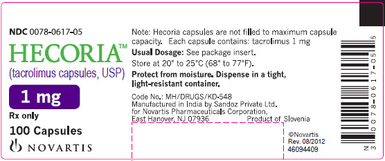 PRINCIPAL DISPLAY PANEL
Package Label – 1 mg
Rx Only		NDC 0078-0617-05
Hecoria™ (tacrolimus capsules, USP)
Note: Hecoria capsules are not filled to maximum capsule Each capsule contains: tacrolimus 1 mg100capsules
