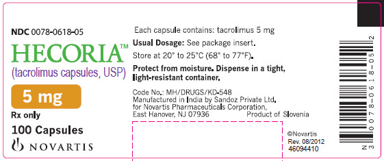 PRINCIPAL DISPLAY PANEL
Package Label – 5 mg
Rx Only		NDC 0078-0618-05Hecoria™ (tacrolimus capsules, USP)
Each capsule contains: tacrolimus 5 mg100capsules