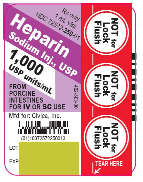 Rx only 1 mL Vial NDC 72572-250-01 Heparin Sodium Inj., USP 1,000 USP units/mL FROM PORCINE INTESTINES FOR IV OR SC USE