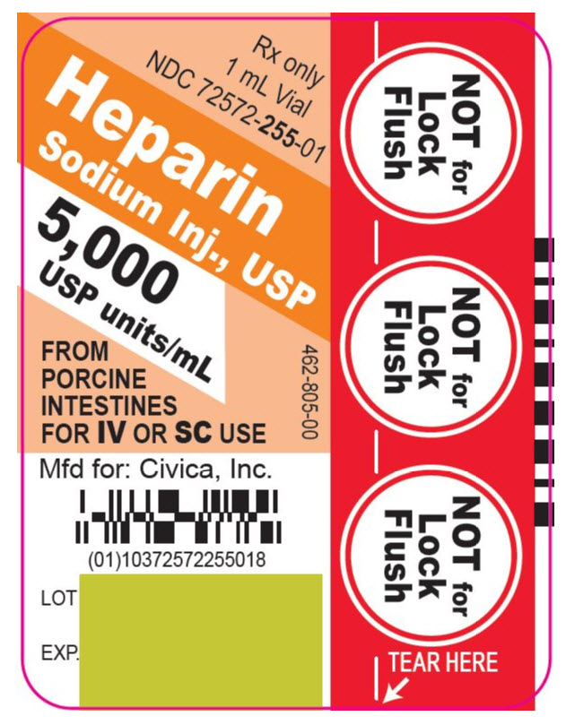 Rx only 1 mL Vial NDC 72572-255-01 Heparin Sodium Inj., USP 5,000 USP units/mL FROM PORCINE INTESTINES FOR IV OR SC USE
