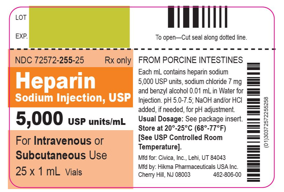 NDC 72572-255-25 Rx only Heparin Sodium Injection, USP 5,000 USP units/mL For Intravenous or Subcutaneous Use 25 x 1 mL Vials