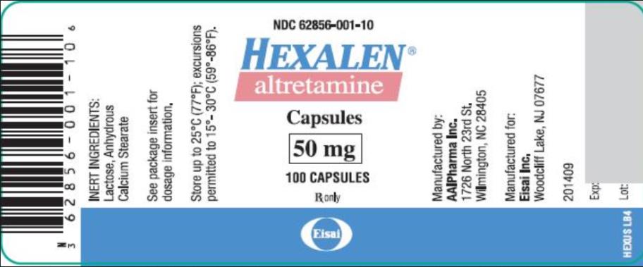 PRINCIPAL DISPLAY PANEL
NDC 62856-001-10
HEXALEN
altretamine
Capsules
50 mg
100 Capsules
Rx Only
