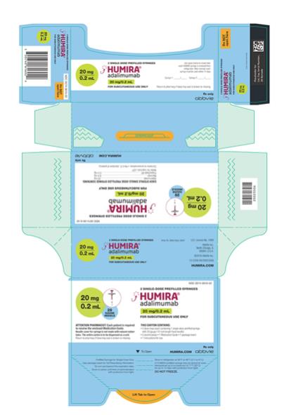NDC 0074-0616-02 
2 SINGLE-DOSE PREFILLED SYRINGES
HUMIRA®
adalimumab
20 mg/0.2 mL
FOR SUBCUTANEOUS USE ONLY
20 mg/0.2 mL
29 GAUGE NEEDLE
ATTENTION PHARMACIST: Each patient is required to receive the enclosed Medication Guide.
Needle cover for syringe is not made with natural rubber latex. The entire carton is to be dispensed as a unit.
Return to pharmacy if dose tray seal is broken or missing. 
THIS CARTON CONTAINS:
• 2 dose trays (each containing 1 single-dose prefilled syringe with 29 gauge 1/2 inch length fixed needle)
• 2 alcohol preps
• 1 Medication Guide
• 1 package insert
• 1 Instructions for Use
Rx only
HUMIRA.com
abbvie
