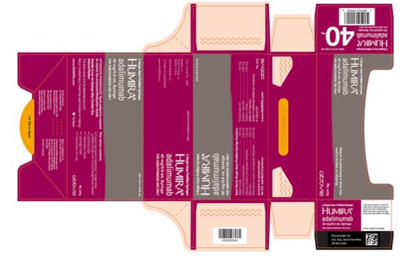 NDC 0074-3799-02 
2 Single-Dose Prefilled Syringes
HUMIRA®
adalimumab 
40 mg/0.8 mL Syringe
FOR SUBCUTANEOUS USE ONLY
ATTENTION PHARMACIST: Each patient is required to receive the enclosed Medication Guide.
Needle Cover for Syringe May Contain Dry Natural Rubber.
The entire carton is to be dispensed as a unit. 
Return to pharmacy if dose tray seal is broken or missing. 
This carton contains:
• 2 dose trays (each containing 1 single-dose prefilled syringe with 1/2 inch length fixed needle)
• 2 alcohol preps
• 1 Medication Guide
• 1 package insert
• 1 Instructions for Use
www.HUMIRA.com
Rx only
abbvie
