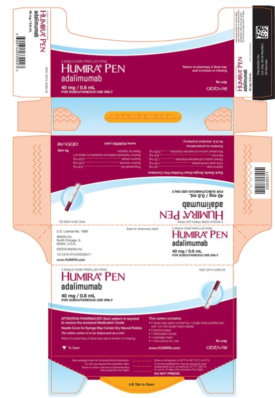 NDC 0074-4339-06 
Starter Package for 
- Crohn’s Disease, - 
Ulcerative Colitis, or 
- Hidradenitis Suppurativa
HUMIRA® PEN 
(adalimumab)
40 mg/0.8 mL
FOR SUBCUTANEOUS USE ONLY
6 Single-Dose Prefilled Pens
Each Sterile Single-Dose
Prefilled Pen contains:
Adalimumab................................................. 40 mg 
Sodium chloride...........................................4.93 mg 
Monobasic sodium phosphate dihydrate........0.69 mg 
Dibasic sodium phosphate dihydrate.............1.22 mg 
Sodium citrate.............................................0.24 mg 
Citric acid monohydrate...............................1.04 mg 
Mannitol.......................................................9.6 mg 
Polysorbate 80..............................................0.8 mg 
Water for injection
Sodium hydroxide added as necessary to adjust pH.
Contains no preservatives.
No U.S. standard of potency.
Medication Guide for patient enclosed. 
Needle Cover for Syringe May Contain Dry Natural Rubber.
Carton contains 6 dose trays (each containing 1 single-dose prefilled pen with 1/2 inch length fixed needle), 6 alcohol preps, 1 Package Insert, 1 Medication Guide and Instructions for Use. 
The entire carton is to be dispensed as a unit. 
Do not accept if seal is broken or missing. 
Return to pharmacy if dose tray seal is broken or missing. 
www.HUMIRA.com
Rx only
abbvie
