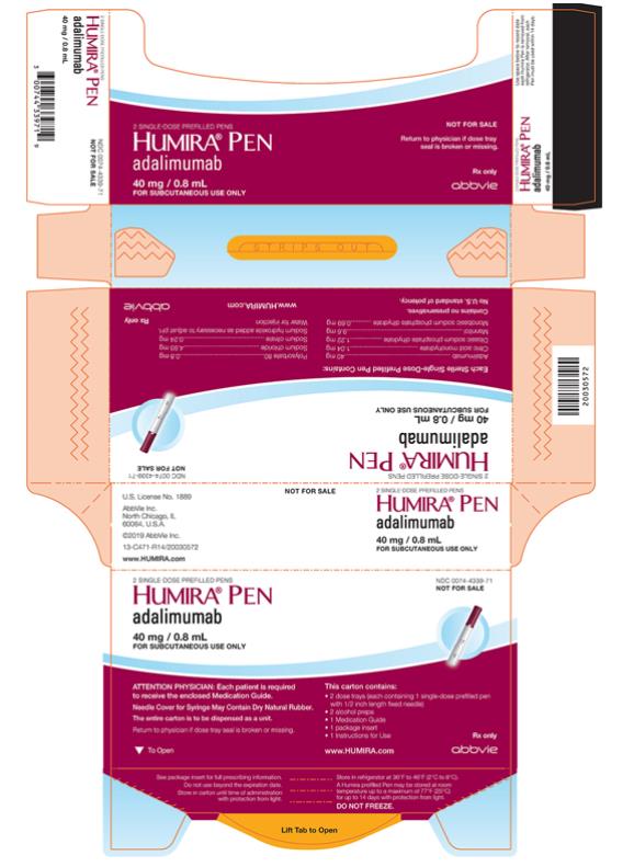 NDC 0074-4339-06 
Starter Package for 
- Crohn’s Disease, - 
Ulcerative Colitis, or 
- Hidradenitis Suppurativa
HUMIRA® PEN 
(adalimumab)
40 mg/0.8 mL
FOR SUBCUTANEOUS USE ONLY
6 Single-Dose Prefilled Pens
Each Sterile Single-Dose
Prefilled Pen contains:
Adalimumab................................................. 40 mg 
Sodium chloride...........................................4.93 mg 
Monobasic sodium phosphate dihydrate........0.69 mg 
Dibasic sodium phosphate dihydrate.............1.22 mg 
Sodium citrate.............................................0.24 mg 
Citric acid monohydrate...............................1.04 mg 
Mannitol.......................................................9.6 mg 
Polysorbate 80..............................................0.8 mg 
Water for injection
Sodium hydroxide added as necessary to adjust pH.
Contains no preservatives.
No U.S. standard of potency.
Medication Guide for patient enclosed. 
Needle Cover for Syringe May Contain Dry Natural Rubber.
Carton contains 6 dose trays (each containing 1 single-dose prefilled pen with 1/2 inch length fixed needle), 6 alcohol preps, 1 Package Insert, 1 Medication Guide and Instructions for Use. 
The entire carton is to be dispensed as a unit. 
Do not accept if seal is broken or missing. 
Return to pharmacy if dose tray seal is broken or missing. 
www.HUMIRA.com
Rx only
abbvie
