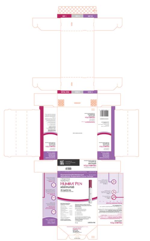 NDC 0074-4339-71 
NOT FOR SALE
2 SINGLE-DOSE PREFILLED PENS 
HUMIRA® PEN 
adalimumab
40 mg/0.8 mL
FOR SUBCUTANEOUS USE ONLY
ATTENTION PHYSICIAN: Each patient is required to receive the enclosed Medication Guide.
Needle Cover for Syringe May Contain Dry Natural Rubber.
The entire carton is to be dispensed as a unit.
Return to physician if dose tray seal is broken or missing. 
This carton contains:
• 2 dose trays (each containing 1 single-dose prefilled pen with 1/2 inch length fixed needle)
• 2 alcohol preps
• 1 Medication Guide
• 1 package insert
• 1 Instructions for Use
www.HUMIRA.com 
Rx only
abbvie
