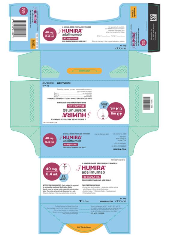 NDC 0074-0243-02 
2 SINGLE-DOSE PREFILLED SYRINGES
40 mg/0.4 mL
29 GAUGE NEEDLE
HUMIRA®
adalimumab
40 mg/0.4 mL
FOR SUBCUTANEOUS USE ONLY
ATTENTION PHARMACIST: Each patient is required to receive the enclosed Medication Guide. 
Needle cover for syringe is not made with natural rubber latex. The entire carton is to be dispensed as a unit.
Return to pharmacy if dose tray seal is broken or missing. 
THIS CARTON CONTAINS:
• 2 dose trays (each containing 1 single-dose prefilled syringe with 29 gauge 1/2 inch length fixed needle)
• 2 alcohol preps
• 1 Medication Guide
• 1 package insert
• 1 Instructions for Use
HUMIRA.com
Rx only
abbvie
